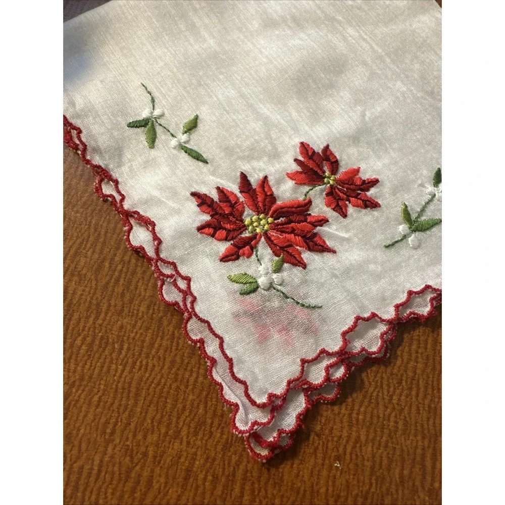 Vtg Embroidered Christmas Pointsetta Cotton handkerchief Unused